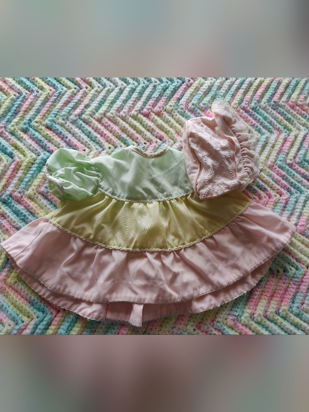 Vintage Pastel Tiered Baby Dress with Matching Bonnet